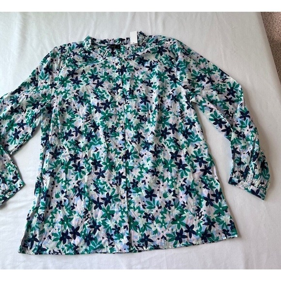 NWT Talbots Floral Lightweight Button Up Green Blue Blouse XL Office Dressy - Picture 5 of 8